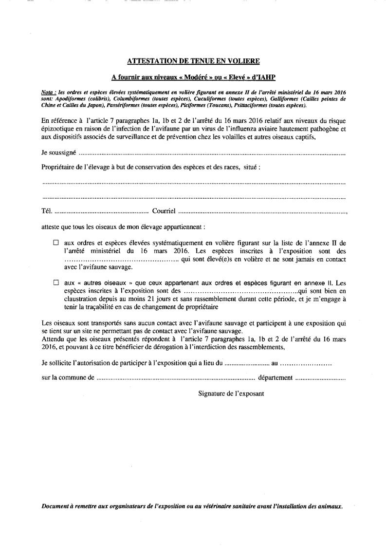 Attestation de tenue en voliere